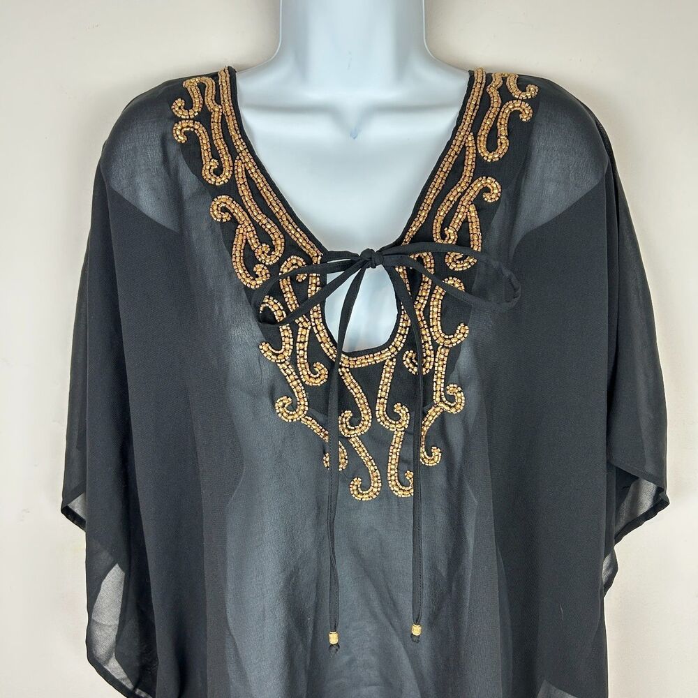 Spiaggia Dolce Sheer Black Swimsuit Cover Up with Gold Bead Detail Size L NWT